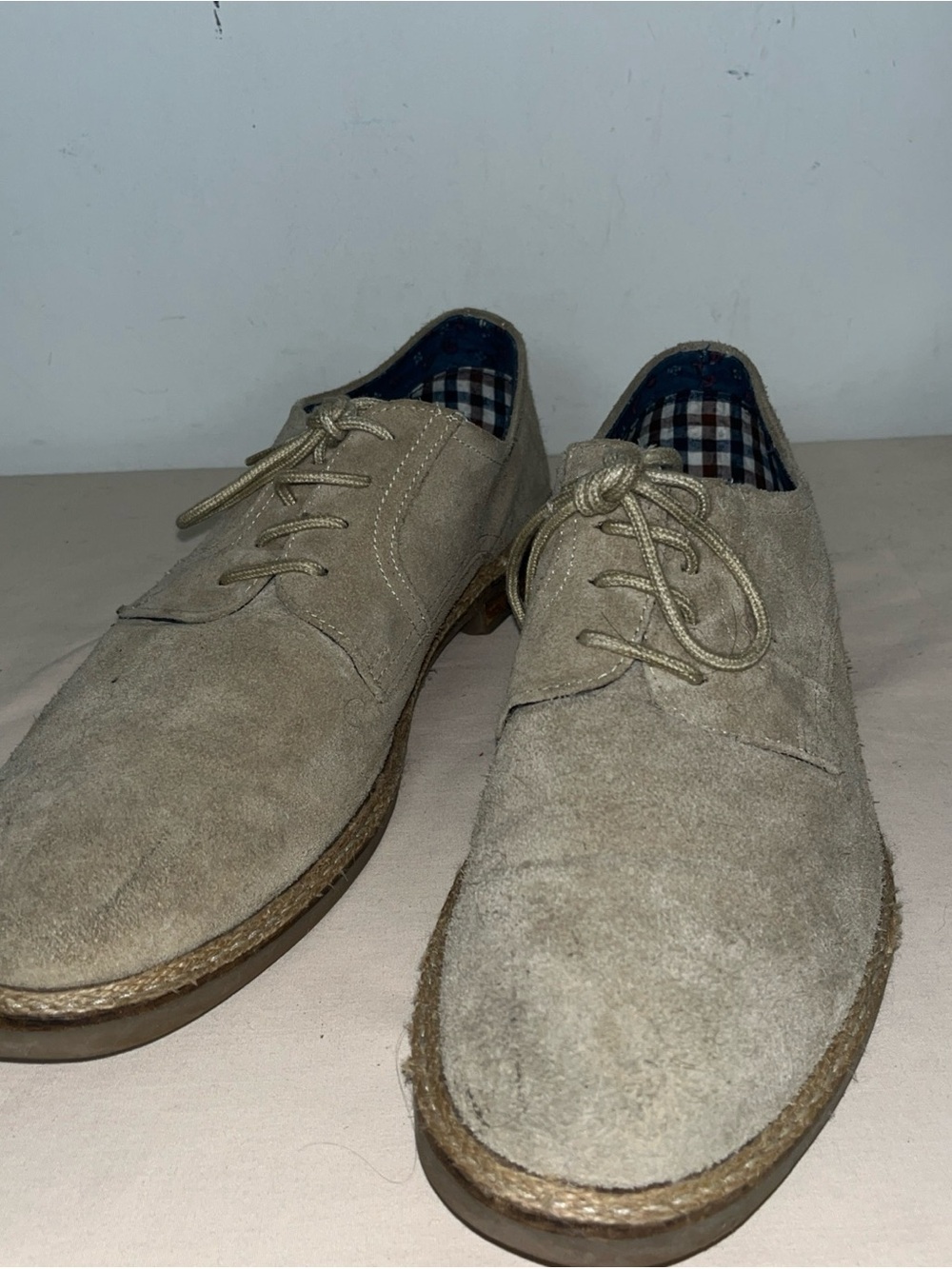 Ben Sherman Men's Suede Derby Oxford Shoes Tan Beige Blue Plaid Lining Sz 10.5 M